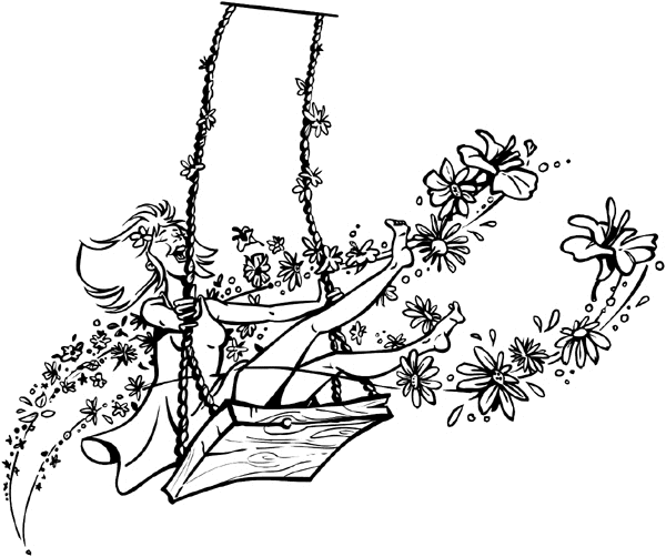 Young lady on a swing with flowers vinyl sticker. Customize on line. Spring 086-0057